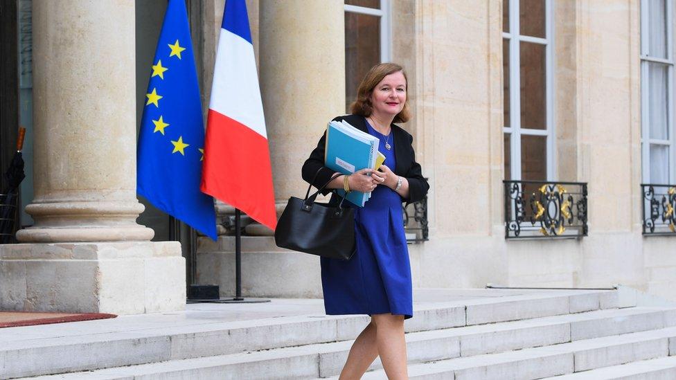 Nathalie Loiseau looks into camera while walking down the stairs