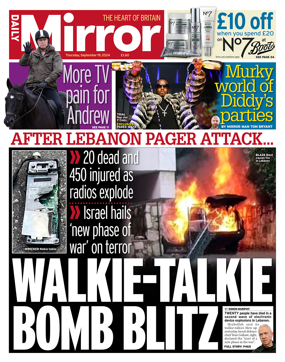 "Walkie-talkie bomb blitz" headlines the Daily Mirror