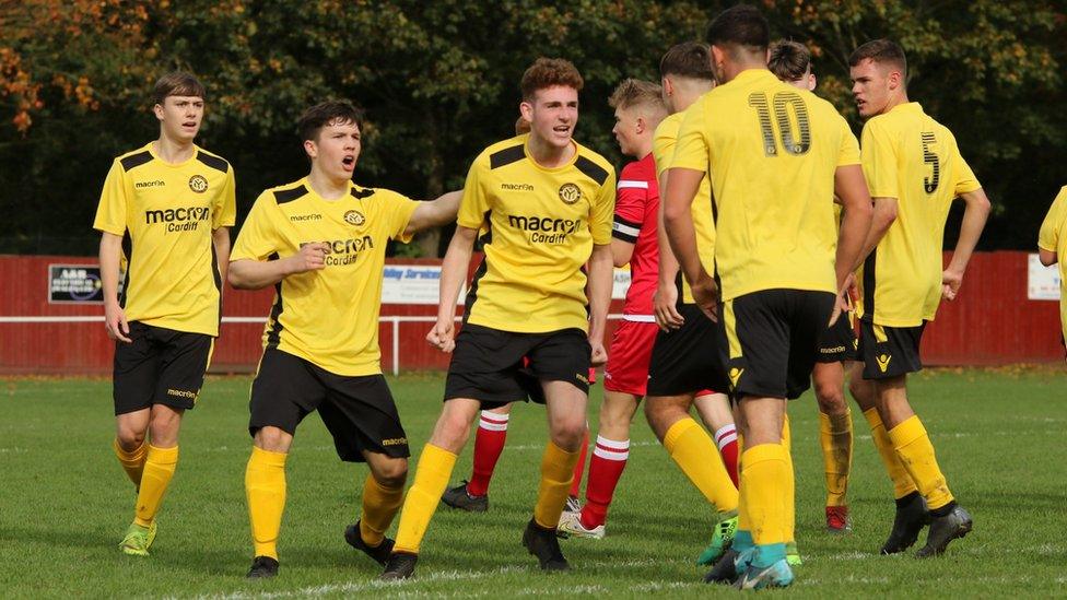 Ynysddu Welfare players celebrate their victory