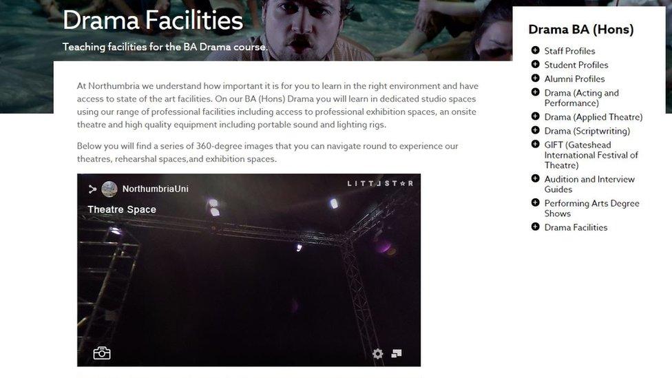 Screengrab of Northumbria University website drama facilities page