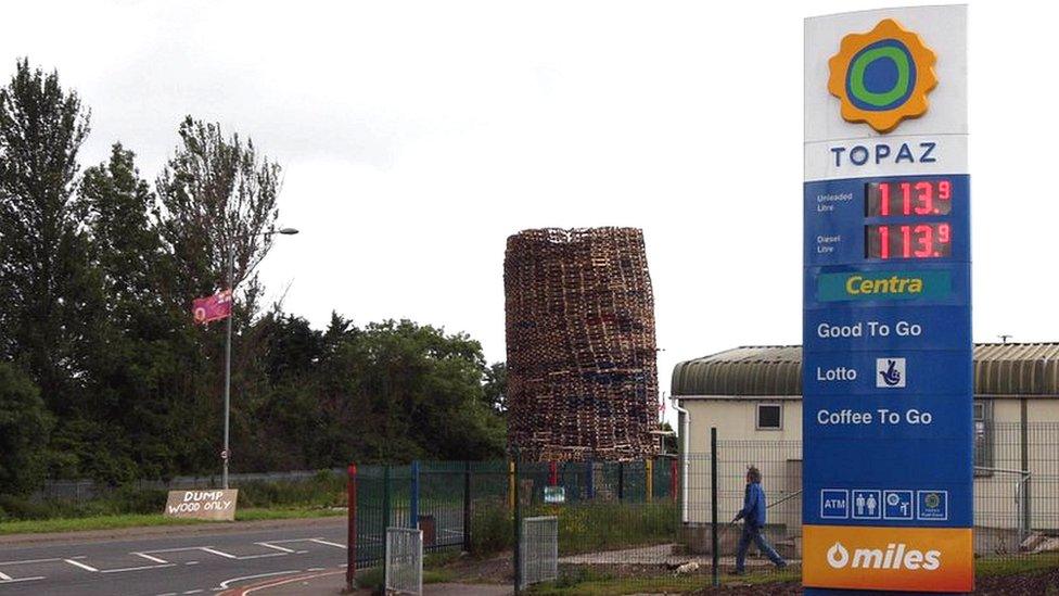 Petrol station with bonfire in background, Carrickfergus, 7 July 2017