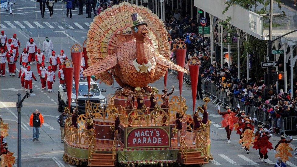 The Tom Turkey float is seen during the 95th Macy"s Thanksgiving Day Parade