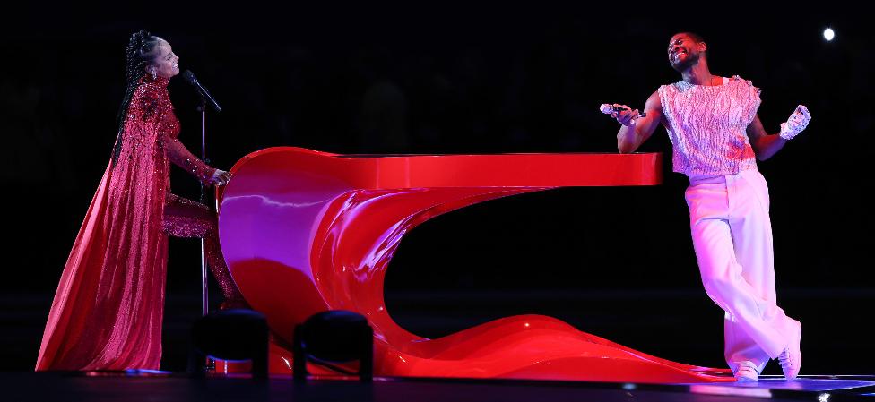 Alicia Keys and Usher perform onstage during the Apple Music Super Bowl LVIII Halftime Show at Allegiant Stadium on February 11, 2024 in Las Vegas, Nevada