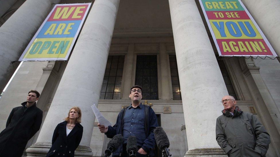 Andy Burnham and Sir Richard Leese outside Central Library with other local politicians