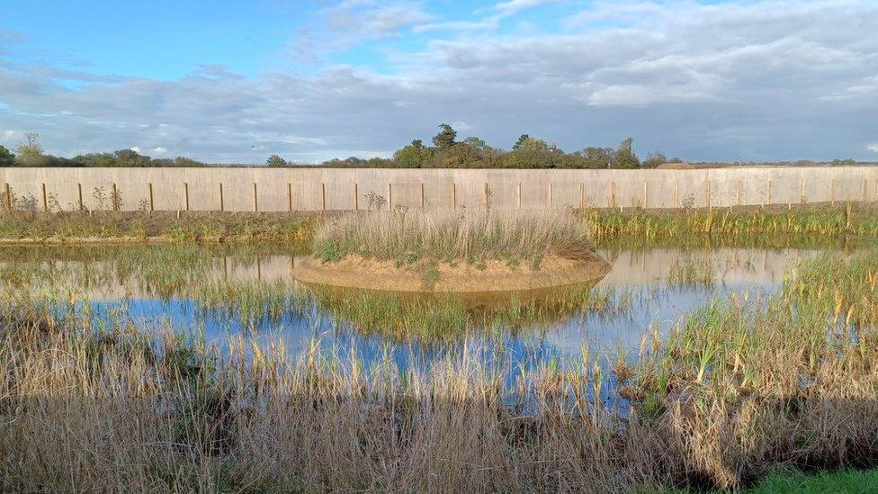 Pond surrounded by a fence with grass and an island in the centre