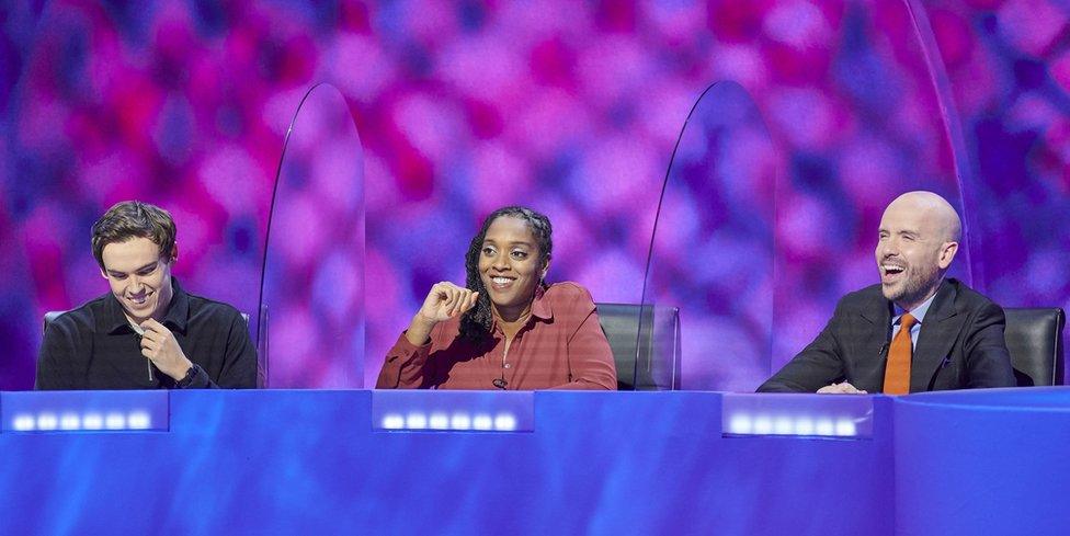 Rhys James, Athena Kugblenu and Tom Allen on Mock The Week in October 2020