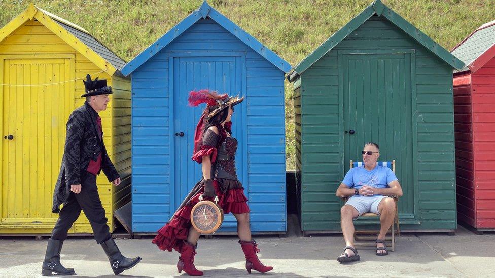 Steampunks attend the Whitby Weekend, in Whitby, Yorkshire.