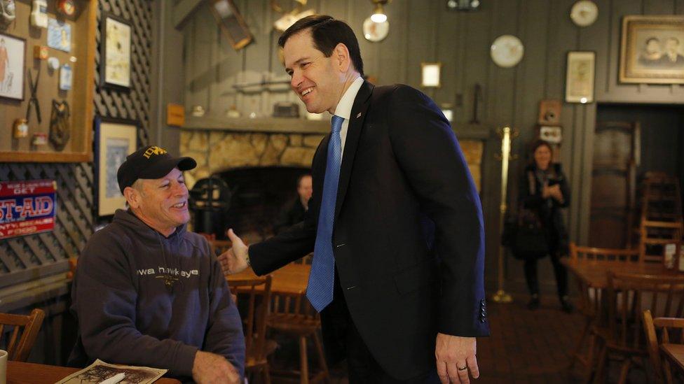 Republican presidential candidate Marco Rubio greets patrons at a restaurant in Clive, Iowa. 1 Feb 2016