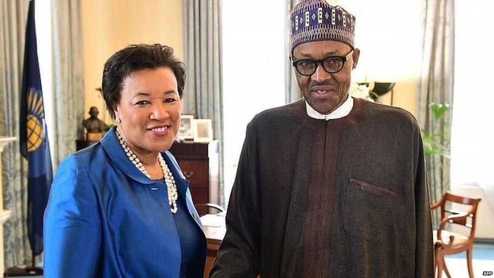 Secretary-General Baroness Scotland and Nigerian President Muhammadu Buhari in 2016