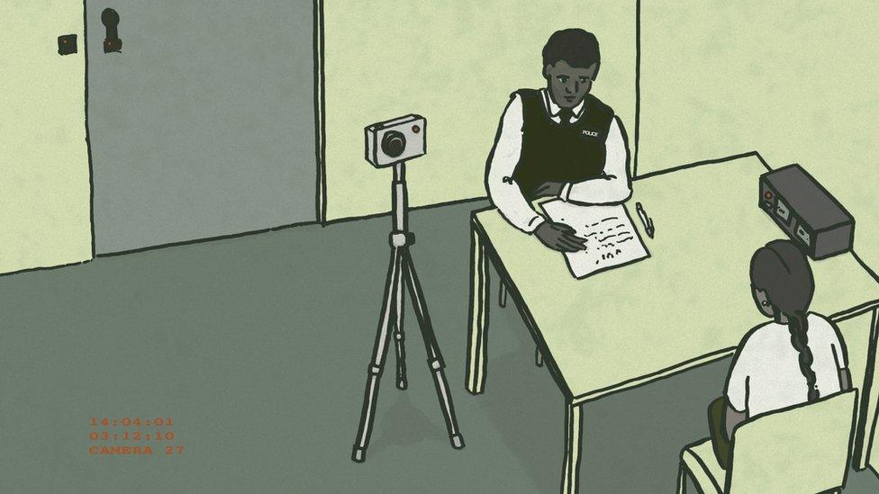 Illustration of a girl being interviewed in a police station