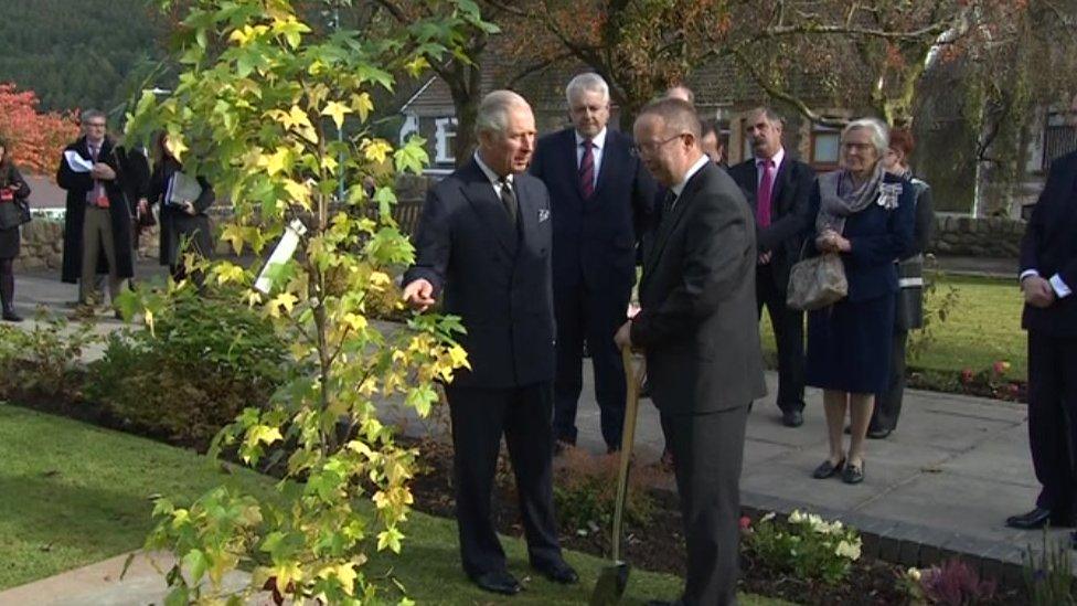 Welsh Secretary Alun Cairns and First Minister Carwyn Jones watch as Prince Charles plants a tree at the Aberfan memorial garden