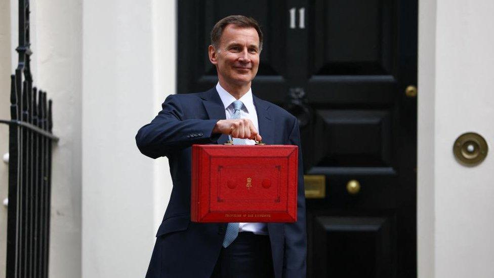 Chancellor Jeremy Hunt seen outside 11 Downing Street holding his Budget red box