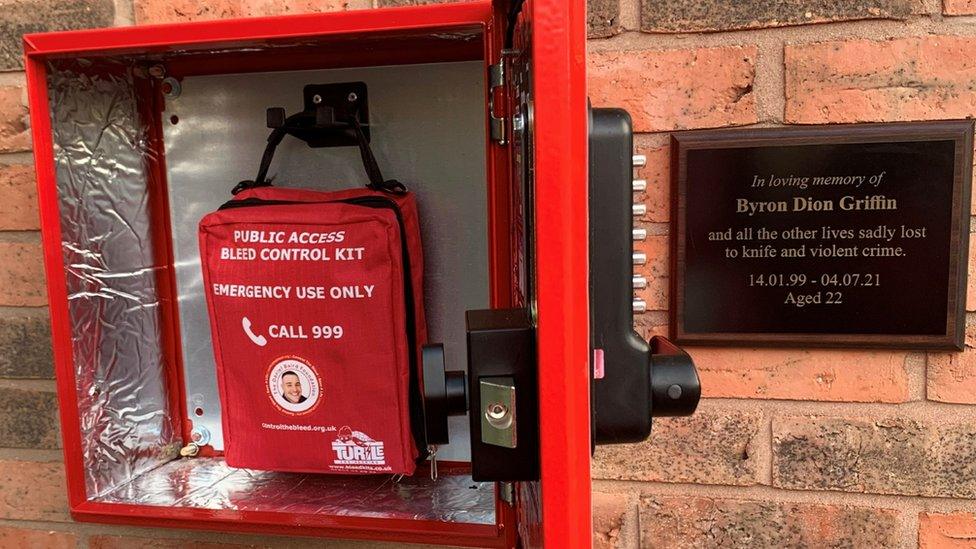 Bleed kits installed at Nottingham College in memory of Byron Griffin, who died after being stabbed in Ilkeston, Derbyshire