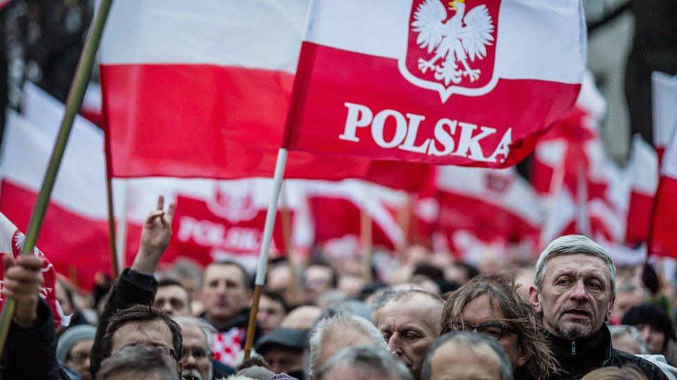 Conservative PiS supporters marching in Warsaw, 13 Dec 15