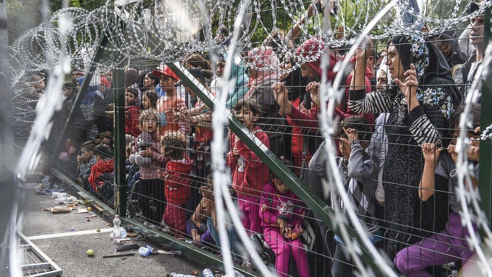 Refugees stand behind a fence at the Hungarian border with Serbia near the town of Horgos on September 16, 2015.