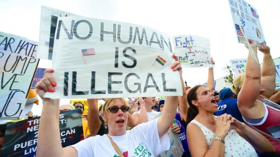 Opposition Groups Protest President Donald Trump Outside Rally Announcing His Re-Election Candidacy