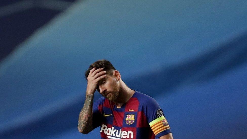 Lionel Messi of Barcelona reacts during the UEFA Champions League quarter final match between Barcelona and Bayern Munich in Lisbon