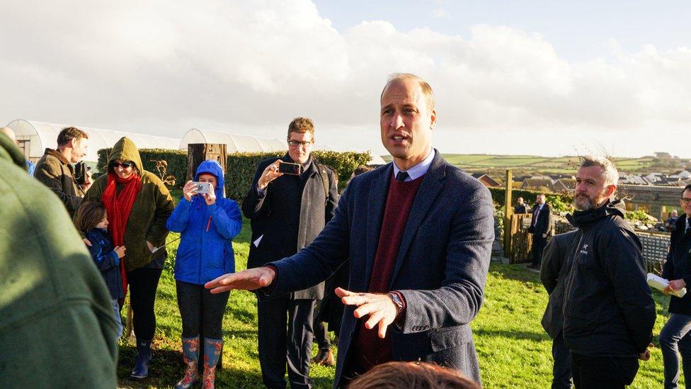 Prince William speaking to a children and adults at Newquay Orchard