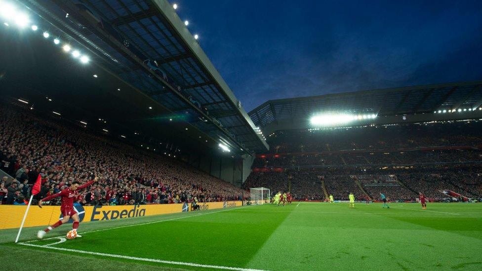 Trent Alexander-Arnold of Liverpool takes a corner at the Kop end during the UEFA Champions League Semi Final second leg match between Liverpool and Barcelona at Anfield on May 7, 2019.