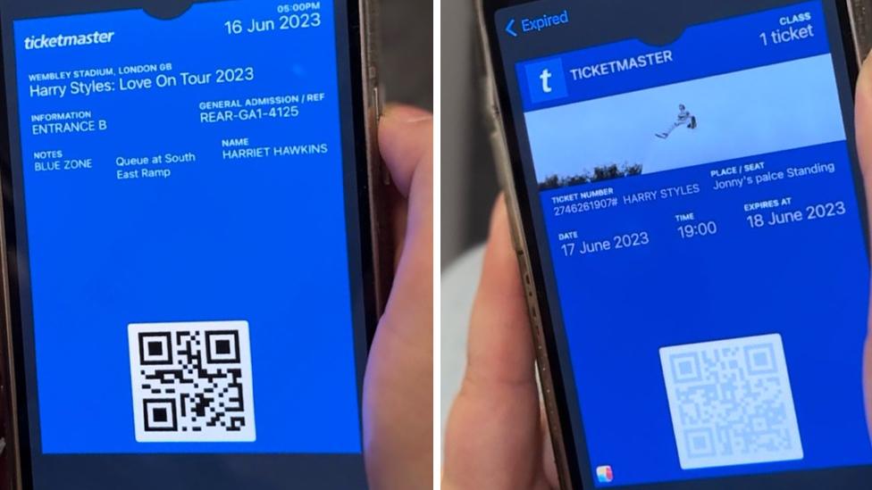 Side by side of image of real and fake tickets on a phone screen, with the blue background and QR code found in Apple Wallet tickets.