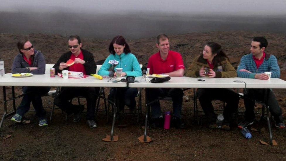 Crew of Mars simulation at news conference on ending their one year in isolation, 28 August 2016