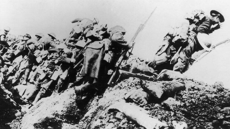 British troops climb from trench for the 'big push' in Battle of the Somme