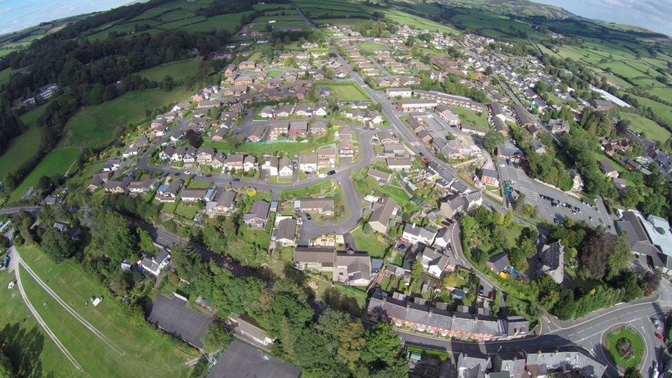 An aerial photograph of Rhayader, Powys