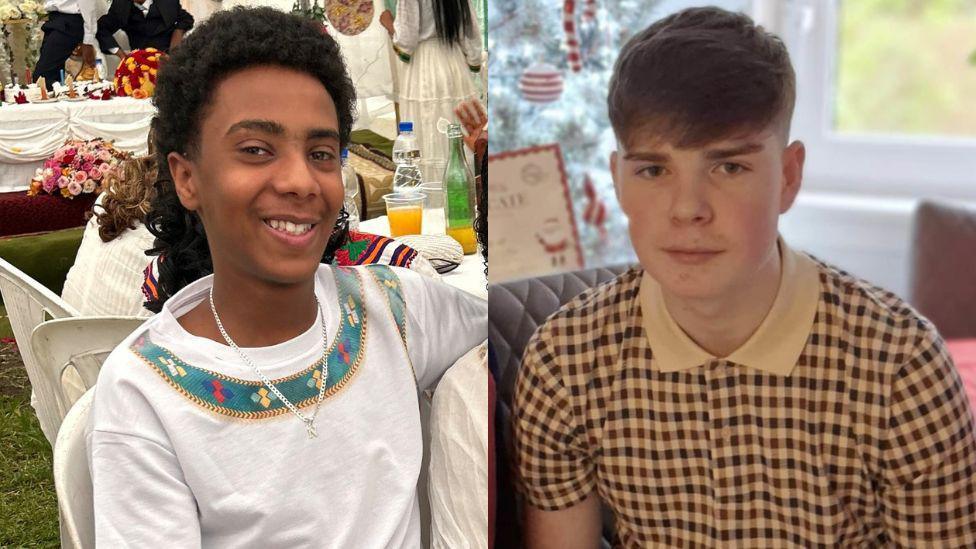 Left: Amen Teklay smiling at the camera and wearing a white t-shirt with a green, yellow and red design around the collar.
Right: Kayden Moy looking at the camera wearing a brown and black checked polo shirt.