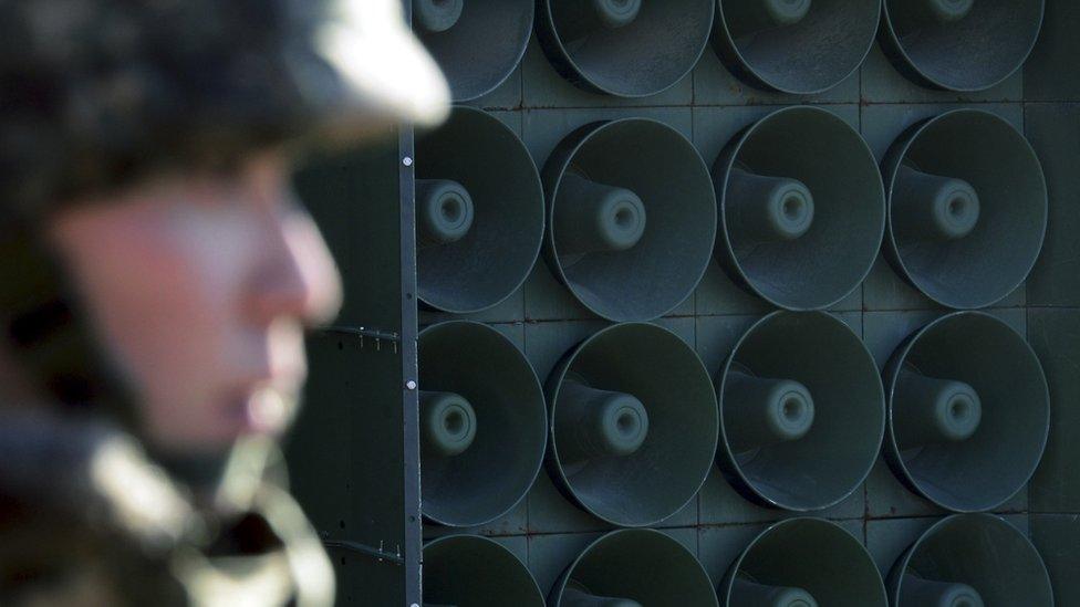 South Korean soldier stands near loudspeakers on border between South Korea and North Korea in Yeoncheon. Jan 8 2016