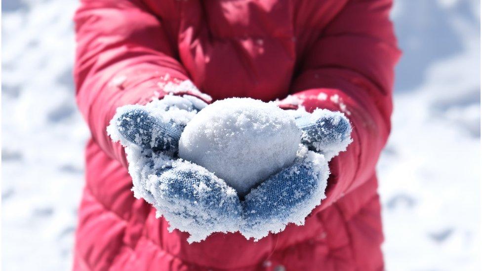 gloved hands holding a snowball