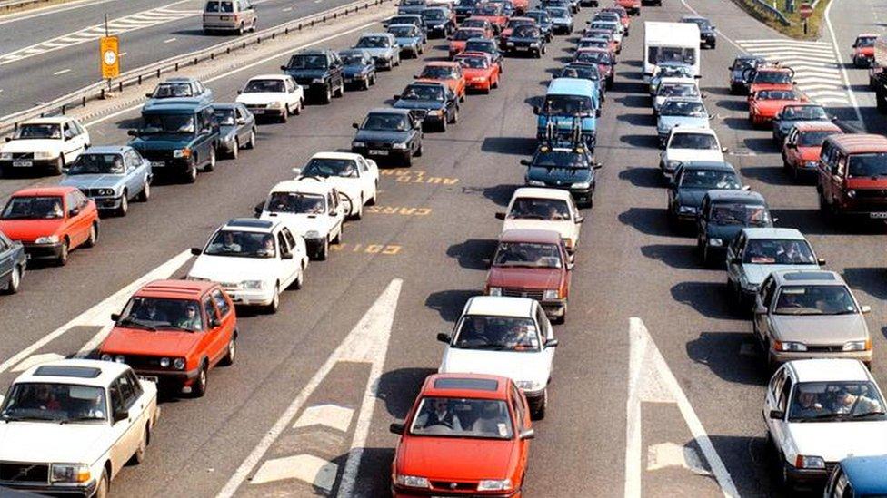 Cars queue to use the Severn Bridge