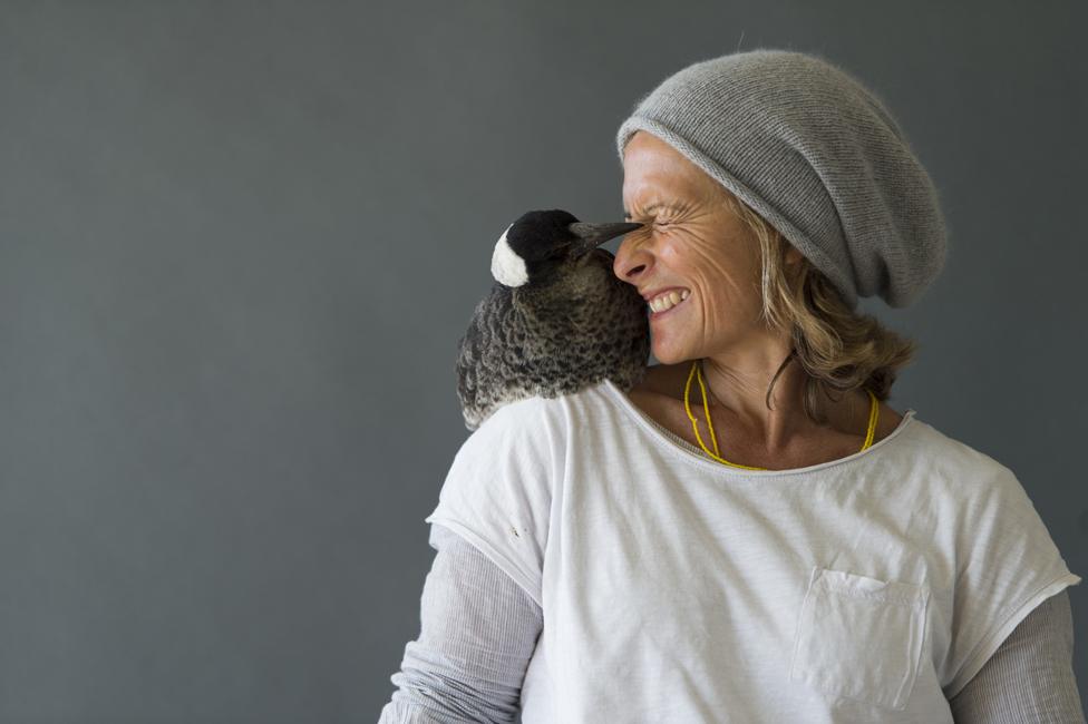 Sam Bloom with Penguin on her shoulder