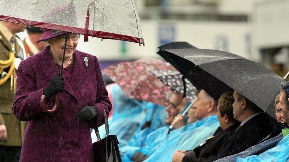 Her Majesty chats to disabled soldiers of the Royal Irish Regiment and their families in October 2006 in Belfast