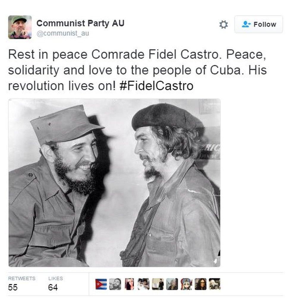 A tweet grieving Castro from the Communist Party of Australia