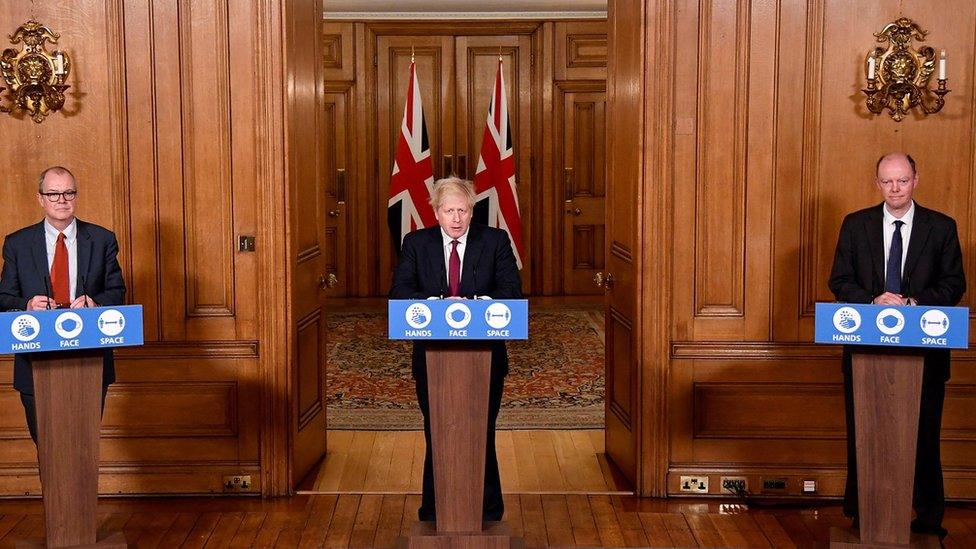 Boris Johnson pictured next to Chris Whitty and Patrick Vallance