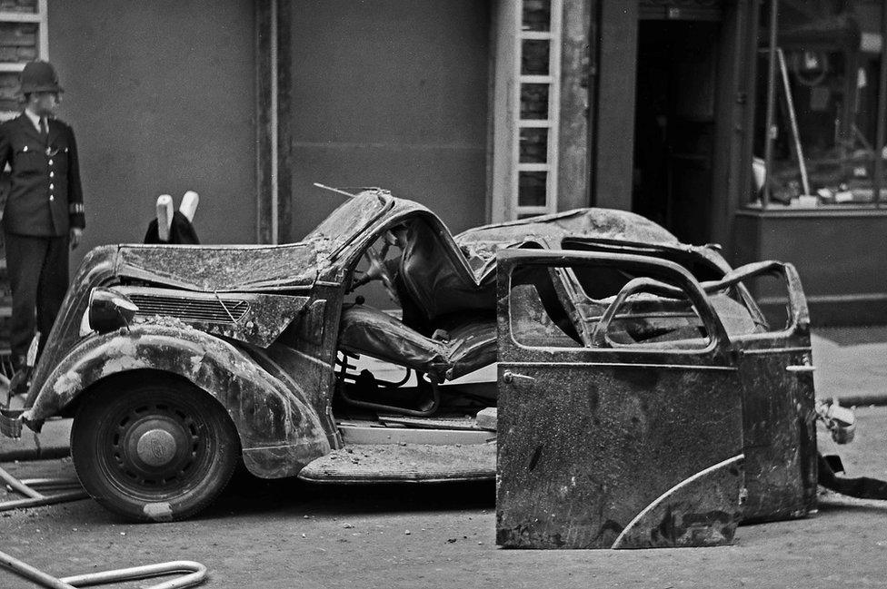 Crushed car, Howland Street, London, 1958