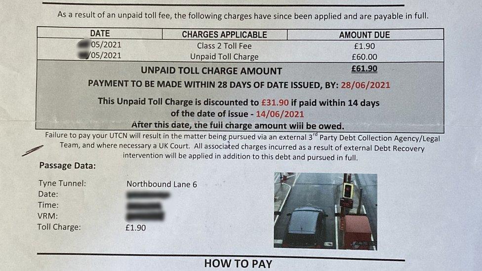 Unpaid toll charge notice