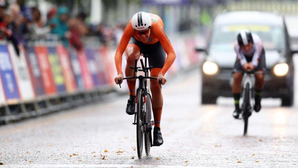 Ellen Van Dijk of the Netherlands crosses the finish line