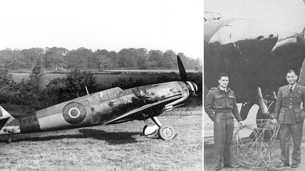 Captured Messerschmitt BF109E with British markings; Mosquito night fighter crews at RAF Wittering. Both during World War Two