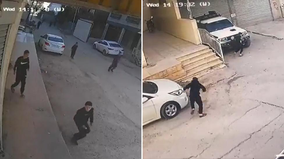 Composite screengrabs from CCTV videos showing shootings of Basel Abu al-Wafa (Left) and Adam al-Ghoul (Right) in Jenin, in the occupied West Bank (29 October 2023)