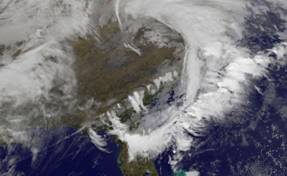 This NASA/NOAA GOES East satellite image taken at 1230 UTC on January 3, 2017 shows storm activity in the southeastern area of the US.