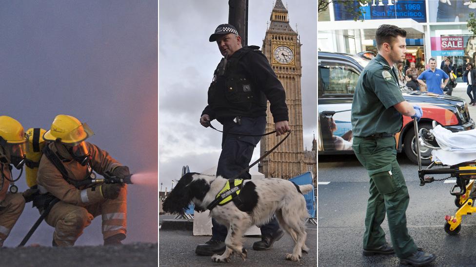 A firefighter, a police officer and a paramedic