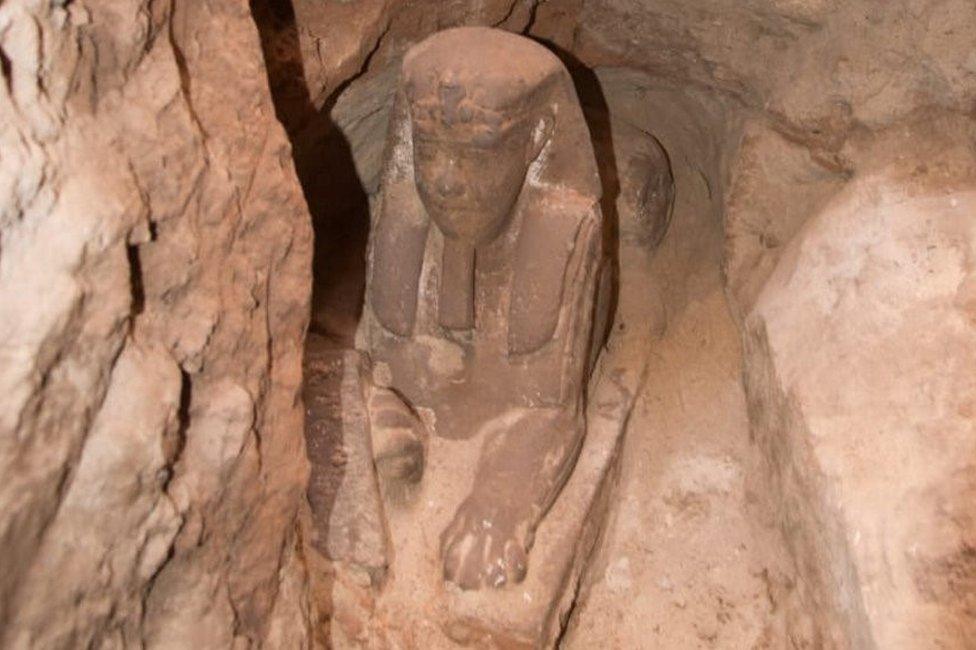 The sandstone statue of a sphinx that was discovered in the Temple of Kom Ombo Temple in Aswan (16 September 2018)