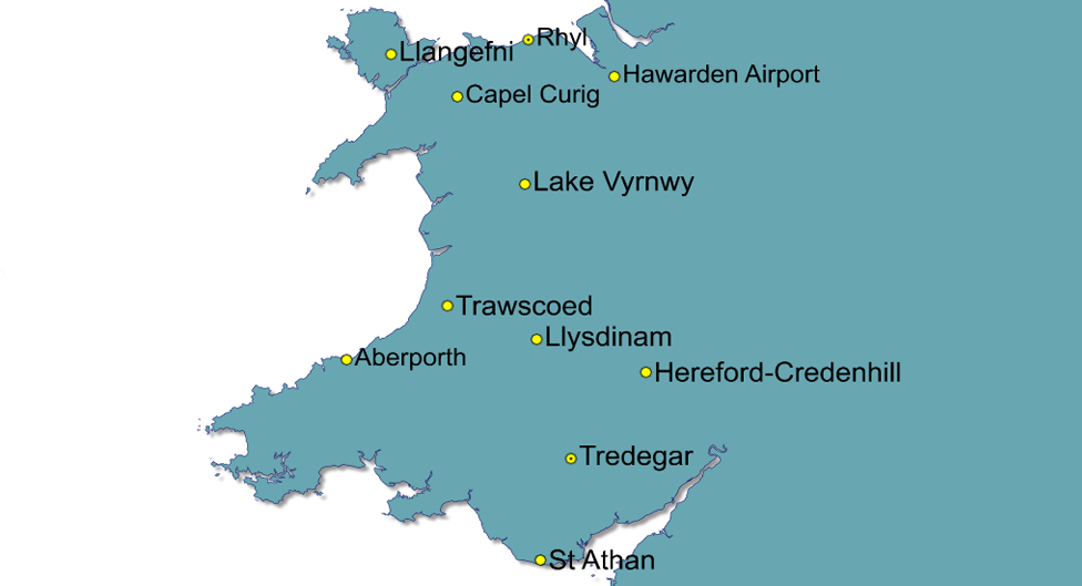 Locations of weather stations serving Wales