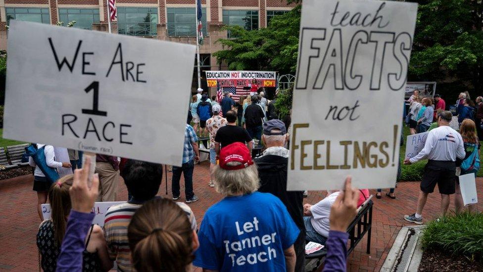 Protesters outside a school in Virginia