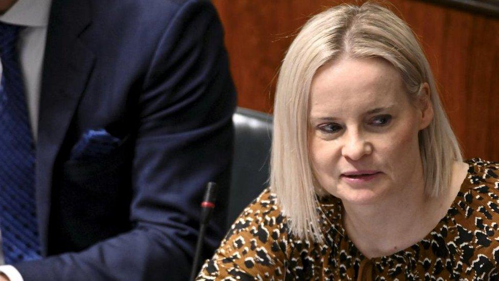 Riikka Purra, leader of the Finns Party, votes during the plenary session where Finnish Parliament voted on Finland's accession to NATO in Helsinki, Finland, March 1, 2023.