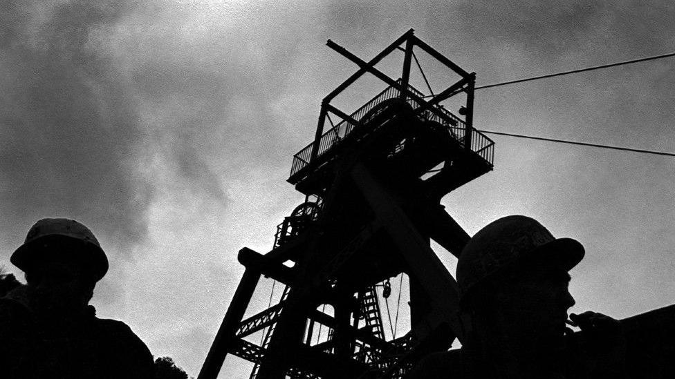 Miners in silhouette at Celynen South before the strike had begun