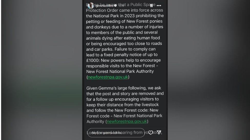 A screenshot of a message on Instagram from what appears to be the New Forest National Park Authority to Gemma Collins' PR team asking her to remove the post of her hugging a pony.