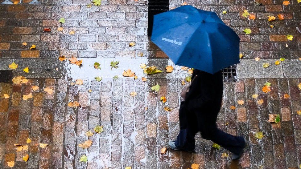 A person is walking dressed in black across a wet street with puddles and brown and orange leaves. They are carrying a blue umbrella