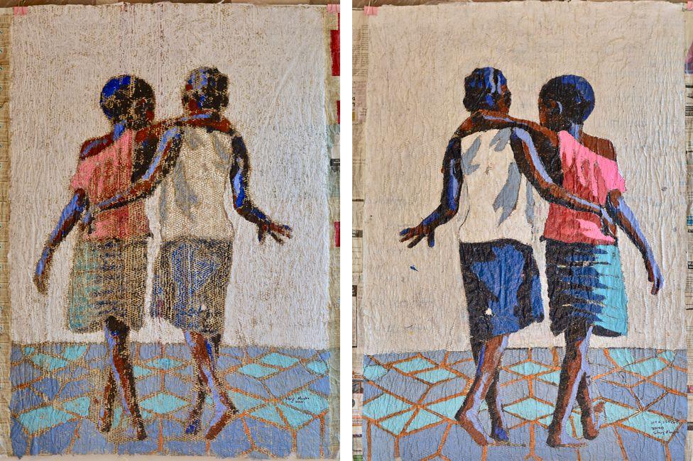 Title: Ba Bili. Medium: Acrylic on perforated newspaper. Mirrored paintings of two girls in blue skirts and T-shirts (one white, one pink) with their backs to the viewer and walking with their arms around one another along a blue tiled floor. The background above the floor is white.